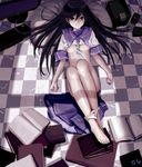  areolae as109 bad_id bad_pixiv_id barefoot black_hair blue_sailor_collar book bottomless breasts checkered checkered_floor computer convenient_leg denpa_teki_na_kanojo feet from_above hair_spread_out highres keyboard_(computer) legs legs_together long_hair long_legs looking_at_viewer lying medium_breasts monitor neckerchief no_bra ochibana_ame on_back panties panties_around_ankles panty_pull perspective pillow sailor_collar school_uniform shirt_lift skirt skirt_removed solo underboob underwear white_panties 