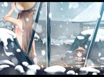  alcohol black_hair brown_hair day flat_chest hakurei_reimu hat horns ibuki_suika long_hair multiple_girls nude onsen outdoors rice_hat sake snow snowing takuzui touhou wallpaper water 