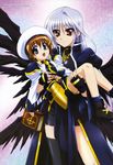  absurdres black_wings blue_eyes book brown_hair carrying fingerless_gloves gloves hashimoto_takayoshi hat highres long_hair lyrical_nanoha mahou_shoujo_lyrical_nanoha mahou_shoujo_lyrical_nanoha_a's mahou_shoujo_lyrical_nanoha_a's_portable:_the_battle_of_aces megami multiple_girls multiple_wings open_mouth red_eyes reinforce schwertkreuz short_hair silver_hair single_thighhigh smile thighhighs tome_of_the_night_sky wings yagami_hayate 