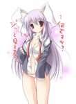  animal_ears aomi_riru blush breasts bunny_ears cleavage large_breasts long_hair navel necktie no_pants open_clothes open_shirt panties pink_panties purple_hair red_neckwear reisen_udongein_inaba shirt solo touhou underwear undone_necktie 