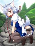  animal_ears ass collar dog_ears dog_tail hairband inu_sakuya izayoi_sakuya kemonomimi_mode leash maid panties panties_under_pantyhose pantyhose red_eyes short_hair silver_hair solo tail takamoto_akisa thong touhou underwear 