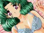  90s bangs bed_sheet blue_bra blush bra breasts breasts_apart cleavage curly_hair dutch_angle fingernails floral_print from_above game_cg green_hair inaba_yoshiki kimi_ni_steady kiyose_emi light_smile lingerie long_fingernails looking_at_viewer lying medium_breasts on_back pink_eyes short_hair smile solo underwear underwear_only upper_body 
