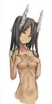  black_hair breasts covering covering_breasts dark_skin demon_girl graphite_(medium) head_tilt horns medium_breasts mixed_media nabeshima_tetsuhiro nude original solo traditional_media yellow_eyes 