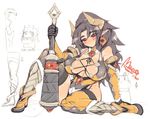  akatsuki_francesca armor black_hair blush boots breasts cleavage club curvy demon_girl earrings horns huge_breasts jewelry long_hair mature mel/a original pointy_ears red_eyes sitting sketch solo succubus thigh_boots thighhighs wariza weapon 