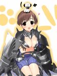  areolae armor bad_id bad_pixiv_id breasts brown_hair cleavage fang fantasy_earth_zero heart kneeling large_breasts open_mouth red_eyes smile solo ui_(kirin) 