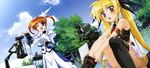  absurdres blonde_hair blue_eyes blush bow brown_hair camera cloud convenient_leg day fate_testarossa fingerless_gloves gloves hair_bow hashimoto_takayoshi highres lyrical_nanoha mahou_shoujo_lyrical_nanoha mahou_shoujo_lyrical_nanoha_the_movie_1st multiple_girls nyantype one_eye_closed open_mouth red_eyes script sky takamachi_nanoha thighhighs twintails 