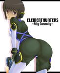  ally_connolly ass bad_id bad_pixiv_id bent_over bob_cut bodysuit breasts brown_hair cameltoe covered_nipples element_hunters from_behind gun kannagi_kaname looking_back medium_breasts purple_eyes short_hair solo text_focus weapon 