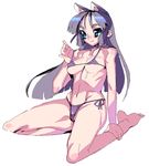  animal_ears bikini black_hair blue_eyes breasts character_request copyright_request erect_nipples large_breasts long_hair meisamu midriff nipples source_request swimsuit 