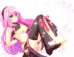  amanagi_seiji aqua_eyes bad_id bad_pixiv_id barefoot bow breasts feet green_eyes hairband long_hair medium_breasts megurine_luka pink_hair ribbon shoes simple_background single_shoe single_thighhigh solo thighhighs underboob vocaloid 