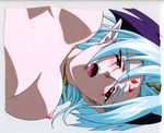  absurdres blue_hair blush breasts cel delta_(words_worth) facial_mark forehead_mark head_wings highres jewelry medium_breasts necklace nipples open_mouth pale_skin pointy_ears red_eyes scan solo sweat words_worth 