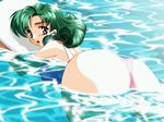  90s :d afloat ahoge ass back bangs breasts curly_hair foreshortening from_behind game_cg green_hair holding inaba_yoshiki kickboard kimi_ni_steady kiyose_emi large_breasts long_hair looking_at_viewer looking_back one-piece_swimsuit open_mouth partially_submerged purple_eyes sideboob smile solo sparkle swimming swimsuit water wet 