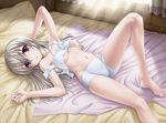  amane_(funfun) areolae barefoot bed bed_sheet blush breasts cameltoe eila_ilmatar_juutilainen feet legs long_hair lying medium_breasts midriff navel nipples on_back on_bed pajamas purple_eyes silver_hair solo strap_slip strike_witches sunlight underboob world_witches_series 