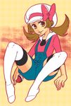  brown_hair cabbie_hat hat holding holding_poke_ball kotone_(pokemon) mairu overalls poke_ball poke_ball_(generic) pokemon pokemon_(game) pokemon_hgss ribbon short_twintails smile solo spread_legs thighhighs twintails white_legwear 
