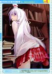  absurdres book bookshelf highres kokonoka looking_back panties pantyshot plaid plaid_skirt purple_eyes school_uniform shiroyama-san_to_kuroi_kaban shiroyama_shizuka skirt solo sweater underwear white_hair 