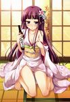  absurdres alcohol bangs barefoot blunt_bangs bottle breasts cleavage collarbone drunk floral_print flower hair_flower hair_ornament highres iro_ni_ide_ni_keri_waga_koi_wa japanese_clothes kimono kneeling ko~cha legs long_hair medium_breasts no_panties off_shoulder purple_eyes purple_hair sake sake_bottle solo tatami tenjou_kikyou 