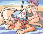  ass bangs barefoot beach beach_towel bikini blush bow breast_press breast_rest breasts covered_nipples day face finger_licking foreshortening hat hips large_breasts licking looking_at_viewer multiple_girls naughty_face ocean one-piece_swimsuit outdoors pink_hair reaching_out remilia_scarlet saigyouji_yuyuko seductive_smile see-through shiny shiny_skin side-tie_bikini sitting sketch smile swimsuit top-down_bottom-up touhou towel triangular_headpiece wariza yuro 