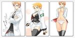  1girl areolae breasts brown_eyes cleavage dual_persona genderswap genderswap_(mtf) glasses highres justice_gakuen kagami_kyousuke large_breasts navel nipples no_bra open_clothes open_shirt orange_hair panties sacchin_(yama) shiritsu_justice_gakuen shirt skirt sweat thighhighs transformation underwear 