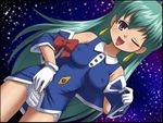  1girl blush breasts dress erect_nipples female gradient gradient_background green_hair legs long_hair miniskirt panties short_dress skirt smile solo stewardess tenjouin_katsura underwear upskirt wink yat_anshin_uchuu_ryokou 