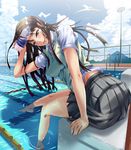  barefoot blush bottle brown_hair cloud day hiropon_pj lane_line long_hair original perspective pocari_sweat pool pool_ladder poolside school_uniform sitting skirt sky smile soaking_feet solo starting_block sweater_vest water 