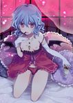  babydoll bad_id bad_pixiv_id bare_shoulders bat_wings blood blue_hair breasts breasts_outside cushion elbow_gloves fang finger_licking frilled_pillow frills glass gloves highres jewelry kneeling lace licking lingerie nakayama_miyuki necklace nipples panties pearl_necklace pillow red_eyes remilia_scarlet short_hair single_elbow_glove single_glove small_breasts smile solo strap_slip tongue touhou underwear white_gloves window wings 