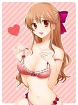  bad_id bad_pixiv_id bow bra breasts brown_eyes brown_hair co_jet hair_bow hair_ribbon heart large_breasts lingerie long_hair looking_at_viewer nail_polish navel open_mouth original panties pink_nails pinky_out red_bra red_panties ribbon smile solo strap_slip striped striped_background underwear underwear_only undressing 