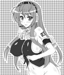  bare_shoulders bottomless breast_lift breasts covered_nipples greyscale headset kawase_seiki large_breasts long_hair looking_at_viewer megurine_luka monochrome navel open_mouth out-of-frame_censoring sideboob smile solo vocaloid 