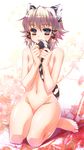  :p animal_ears barefoot blue_eyes breasts copyright_request hair_ribbon kneeling navel nude pink_hair ribbon short_hair small_breasts solo tail tiger_ears tiger_tail tongue tongue_out yasaka_minato 