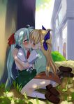  ass blonde_hair blush couple dappled_sunlight einhart_stratos green_hair hair_ribbon holding_hands kiss layla_(suptomat) lyrical_nanoha mahou_shoujo_lyrical_nanoha_vivid multiple_girls panties purple_eyes red_eyes ribbon short_twintails skirt sunlight twintails underwear vivio yuri 