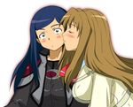  biker_clothes bikesuit cheek_kiss fujino_shizuru kimohiko kiss kuga_natsuki multiple_girls my-hime surprise_kiss surprised yuri 