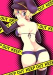  ass back bad_id bad_pixiv_id bikini black_bikini black_legwear blonde_hair blush breasts caution_tape elbow_gloves flynn_scifo genderswap genderswap_(mtf) gloves hat kairi_(ap-moon) keep_out looking_back medium_breasts short_hair sideboob swimsuit tales_of_(series) tales_of_vesperia thighhighs underboob 