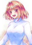  1girl arcueid_brunestud blonde_hair breasts commentary_request large_breasts lo_lis long_sleeves medium_hair open_mouth red_eyes shirt smile solo tsukihime turtleneck upper_body white_shirt 