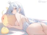  1girl argus_(azur_lane) ass azur_lane bangs bare_arms bare_back bare_shoulders braid breasts commentary_request copyright_name crown crown_braid grey_eyes highres leotard long_hair looking_at_viewer lying manjuu_(azur_lane) medium_breasts mini_crown nekojira official_art on_stomach parted_lips sideboob sidelocks solo thighs white_background white_hair white_headwear white_leotard 