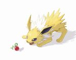  berry_(pokemon) bright_pupils cheri_berry commentary full_body highres jolteon looking_down mokuzou_(moku_ssbu) no_humans open_mouth pokemon pokemon_(creature) signature solo symbol-only_commentary top-down_bottom-up white_background white_pupils 