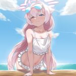  1girl :3 ahoge arm_support bangs bikini blue_archive blue_eyes blue_sky blush cloud day eyewear_on_head frilled_bikini frills hair_between_eyes hair_bobbles hair_ornament half-closed_eyes halo heterochromia highres horizon hoshino_(blue_archive) hoshino_(swimsuit)_(blue_archive) long_hair looking_at_viewer low_twintails navel ocean official_alternate_costume outdoors pink_hair sky smug solo sunglasses swimsuit tscplayer twintails very_long_hair water white_bikini yellow_eyes 
