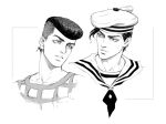  2boys donlemefo fishnet_top fishnets greyscale hat highres jojo_no_kimyou_na_bouken jojolion kira_yoshikage_(jojolion) kujo_josefumi male_focus monochrome multiple_boys peace_symbol pompadour portrait sailor_collar sailor_hat undercut 