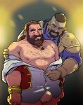  2boys arm_hair armor assisted_exposure bara bare_pectorals bare_shoulders beard belly bulge chest_hair couple dark-skinned_male dark_skin dragon_age dragon_age_absolution dwarf erection erection_under_clothes facial_hair feet_out_of_frame flustered gdoubt_(picsontop) hairy highres interracial lacklon_(dragon_age) large_pectorals long_beard male_focus mature_male multiple_boys muscular muscular_male nipples no_pants open_clothes open_shirt partially_unbuttoned pauldrons pectorals plump ponytail roland_(dragon_age) shoulder_armor smile standing undressing_another yaoi 