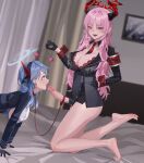 2girls absurdres ako_(blue_archive) armband barefoot between_breasts black_gloves blue_archive blue_hair blurry blurry_background breasts censored chuck_(harfmoondark) cleavage collar demon_horns erection feet futa_with_female futanari gloves halo hand_on_hip highres horns hypnosis indoors kneeling large_breasts leash legs long_hair long_sleeves looking_at_viewer mind_control mole mole_on_breast mosaic_censoring multiple_girls necktie necktie_between_breasts open_mouth penis pink_hair red_necktie saliva saliva_on_penis saliva_trail satsuki_(blue_archive) soles teeth toenails toes tongue tongue_out 
