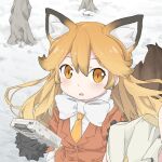  1girl :o animal_ears black_gloves blush bow bowtie buttons extra_ears ezo_red_fox_(kemono_friends) fox_ears fox_girl game_boy gloves handheld_game_console holding holding_handheld_game_console jacket kemono_friends looking_at_viewer necktie orange_eyes orange_hair orange_jacket orange_necktie outdoors parted_lips shirt snow solo tree ueki_yuma upper_body white_bow white_bowtie white_shirt winter 