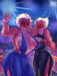  absurd_res amphibia_(series) amphibian anthro big_breasts black_clothing black_dress blonde_hair blue_clothing blue_dress blush breasts cleavage clothed clothing daughter disney dress duo eyes_closed fan_character female fireworks general_yunan hair hi_res mother mother_and_child mother_and_daughter muscular muscular_anthro muscular_female new_year_2023 newt odelia_(thedarkzircon) parent parent_and_child party pink_body pink_skin salamander_(amphibian) sharp_teeth short_hair side_slit_dress smile tail teeth thedarkzircon 
