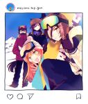  4girls :d alternate_costume animal_ears beanie black_gloves black_hair black_jacket black_pants brown_hair brown_headwear eyepatch gloves goggles goggles_around_neck goggles_on_headwear hair_over_one_eye hat highres holding_snowboard horse_ears horse_girl instagram jacket long_hair long_sleeves mayano_top_gun_(umamusume) multicolored_hair multiple_girls narita_brian_(umamusume) orange_hair pants purple_hair purple_jacket ski_goggles smile streaked_hair tanino_gimlet_(umamusume) thumbs_up umamusume vodka_(umamusume) white_hair white_headwear white_jacket yellow_eyes yonu_(yonurime) 