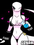  &lt;3 ambiguous_gender anthro black_background blush bra bra_aside breast_grab breasts claws clothing clothing_aside duo female gloves gonda hand_on_breast handwear heart_reaction looking_at_viewer medium_breasts navel one_eye_closed panties pink_body reptile scalie simple_background snake underwear underwear_aside wink 