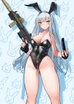  1girl absurdres animal_ears assault_rifle bare_legs black_leotard bow bowtie breasts cleavage cowboy_shot detached_collar facial_mark fake_animal_ears fingerless_gloves girls&#039;_frontline gloves green_eyes gun h&amp;k_hk416 handgun highleg highleg_leotard highres hk416_(girls&#039;_frontline) holding holding_gun holding_magazine_(weapon) holding_weapon holster holstered_weapon large_breasts leotard long_hair magazine_(weapon) playboy_bunny rabbit rabbit_ears rifle ringobatake solo standing strapless strapless_leotard suppressor teardrop_facial_mark teardrop_tattoo traditional_bowtie trigger_discipline weapon white_hair wrist_cuffs 