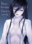 1girl black_blood_brothers black_hair black_lips breasts cassandra_jill_warlock commentary_request dated fang gradient_background green_eyes happy_birthday highres lo_lis long_hair medium_breasts no_bra open_clothes open_shirt pale_skin parted_lips signature smile solo upper_body 