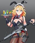  1girl animal_ears assault_rifle bare_shoulders black_leotard blonde_hair blue_eyes breasts cleavage cocktail_glass commentary_request cowboy_shot cup detached_collar drink drinking_glass fake_animal_ears fingerless_gloves g36_(girls&#039;_frontline) girls&#039;_frontline gloves grey_background gun h&amp;k_g36 handgun highres holding holding_tray holster holstered_weapon large_breasts leotard long_hair looking_at_viewer maid_headdress pantyhose parted_lips playboy_bunny rabbit_ears rabbit_tail rifle sling solo strapless strapless_leotard tail toiro_(mononz3) tray weapon 