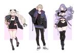  1boy 2girls ai-wa alternate_costume breasts brown_eyes camilla_(fire_emblem) cleavage cleavage_cutout clothing_cutout elise_(fire_emblem) fire_emblem fire_emblem_fates flat_chest hair_over_one_eye highres kneehighs large_breasts leo_(fire_emblem) long_hair looking_at_viewer multiple_girls purple_eyes purple_hair see-through shirt short_hair siblings socks thighhighs thighs twintails very_long_hair white_shirt zipper 