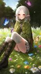  1girl absurdres boots brown_eyes bug butterfly commentary day elf flower grass hand_on_own_chest highres knee_boots long_hair long_pointy_ears long_sleeves lunia mushoku_tensei nature outdoors parted_lips pointy_ears sitting skirt sleeves_past_wrists smile solo sylphiette_(mushoku_tensei) thighhighs thighhighs_under_boots white_hair white_skirt white_thighhighs 