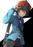  1boy bag baseball_cap belt_buckle black_shirt blue_jacket brown_hair buckle chanyuu_(ymk2_nty) commentary_request grey_pants hand_on_headwear hand_up hat highres hilbert_(pokemon) jacket long_sleeves male_focus orange_eyes pants poke_ball_print pokemon pokemon_(game) pokemon_bw red_headwear shirt short_hair shoulder_bag solo 