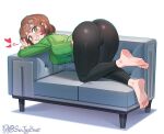  1girl ass bangs barefoot bent_over black_pants breasts brown_hair cameltoe clenched_teeth commission couch english_commentary fat_mons feet foot_up freckles from_side full_body green_eyes green_shirt heart highres impossible_clothes large_breasts legs long_hair long_sleeves looking_back medium_hair original pants ribbed_shirt shadow shiny_clothes shirt sidelocks sin_(sintrybest) smile soles solo teeth thighs toes twitter_username wavy_hair white_background 