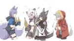  4girls animal_ears arknights black_hair blush drinking_straw drinking_straw_in_mouth fingerless_gloves glass_bottle gloves grey_hair lappland_(arknights) large_tail laughing long_hair multiple_girls nejikyuu projekt_red_(arknights) provence_(arknights) purple_hair tail texas_(arknights) white_background white_hair wolf_ears wolf_girl wolf_tail 