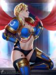  1girl adeptus_astartes armor armored_boots artist_name bikini_armor blonde_hair blue_eyes boots breasts cleavage closed_mouth gauntlets hand_on_hip highres lips looking_at_viewer navel omega_symbol pauldrons red_curtains short_hair shoulder_armor solo space_marine stomach themaestronoob ultramarines warhammer_40k web_address 